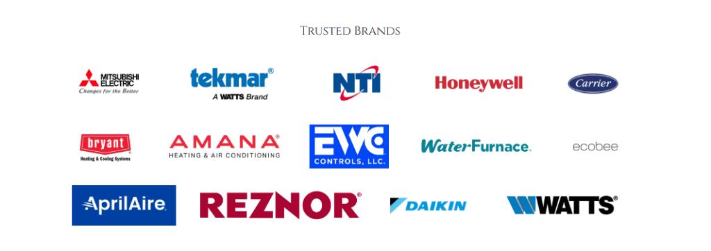 Trusted brands: Mitsubishi Electric, Tekmar, NTI, Honeywell, Carrier, Bryant, Amana, EWC Controls, WaterFurnace, Ecobee, AprilAire, Reznor, Daikin, Watts
